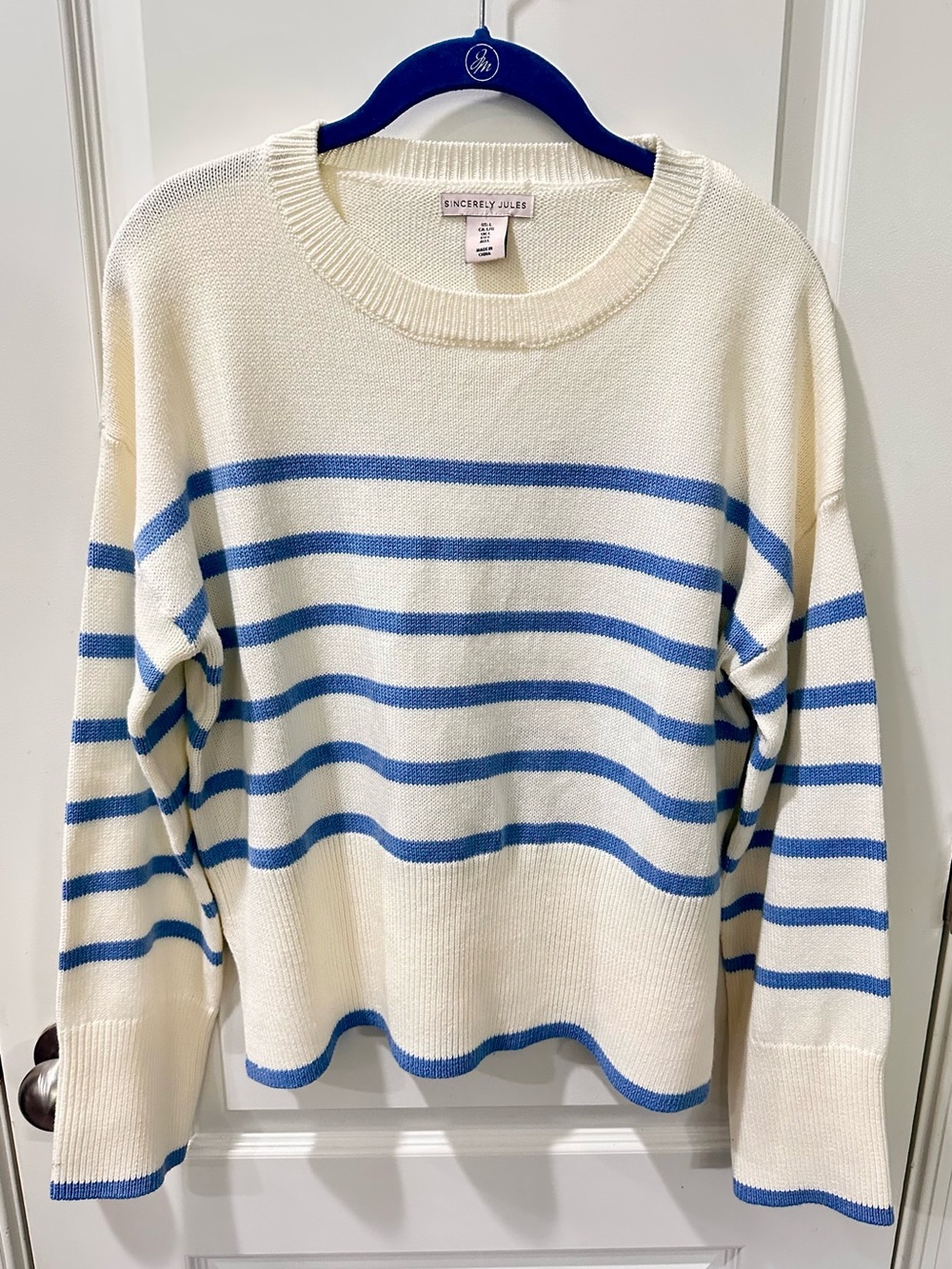 Sincerely Jules Cream & Blue Striped Oversized Sweater Size Large